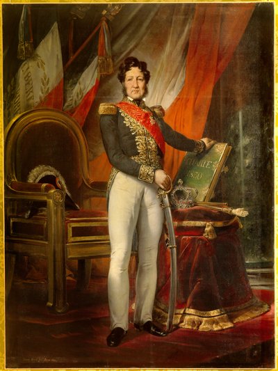 Ritratto a figura intera di Luigi Filippo I, Re dei Francesi, con la carta del 1830 da Emile Jean Horace Vernet