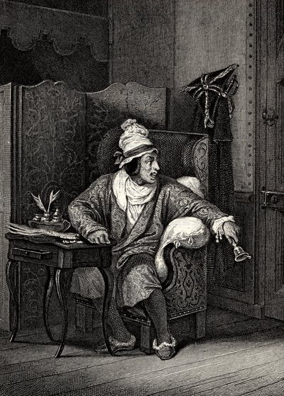 Scena da Il malato immaginario di Molière, di Horace Vernet, incisione - Le Malade imaginaire di Jean-Baptiste Poquelin detto Molière (1622-1673) da Emile Jean Horace Vernet