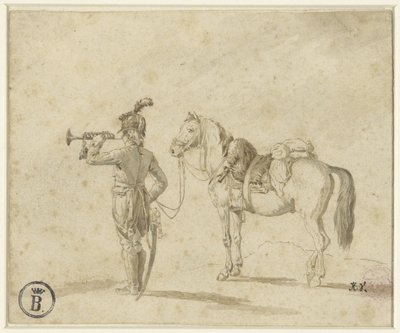 Trombettista accanto a un cavallo da Emile Jean Horace Vernet