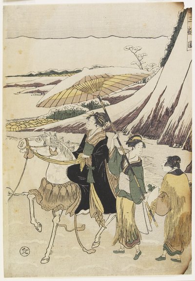 Tre donne che viaggiano attraverso un burrone, 1794-96 (stampa a blocchi di legno a colori) da Hosoda Eiri