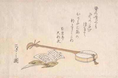 Shamisen, plettro e un libro da Hosoda Eishi