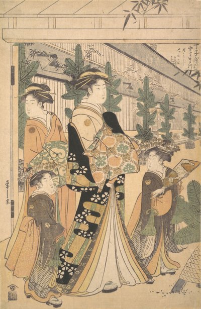 Due Oiran con due assistenti femminili nello Yoshiwara da Hosoda Eishi