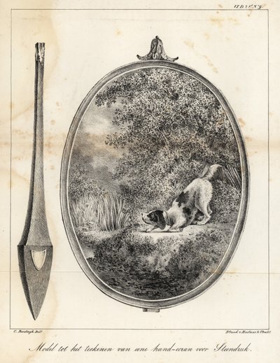Modello per un disegno per uno schermo da mano ricamato che mostra un cane su una riva del fiume da Houtman Van