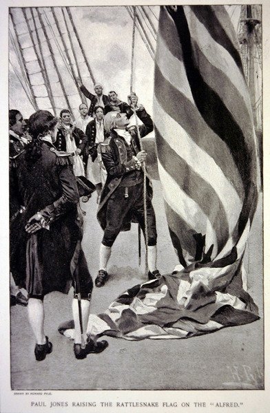 John Paul Jones issa la bandiera del serpente a sonagli americano sull