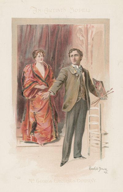 Un artista in piedi con la sua tavolozza e una donna sullo sfondo (litografia a colori) da Howard Davie
