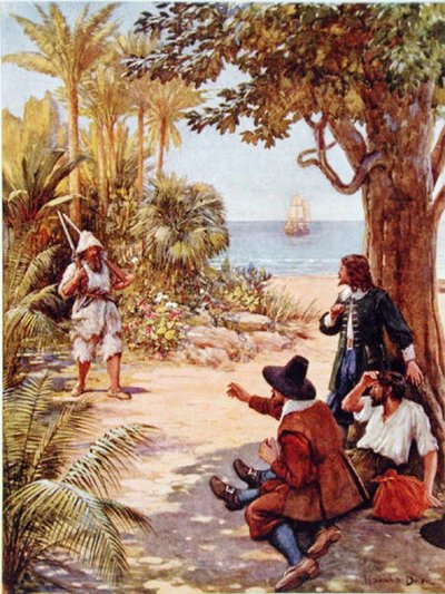 Crusoe appare davanti al capitano della nave, illustrazione per 