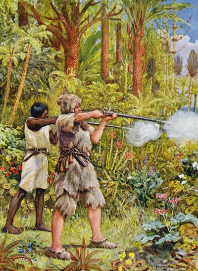 Crusoe e Venerdì sparano ai selvaggi, illustrazione per 