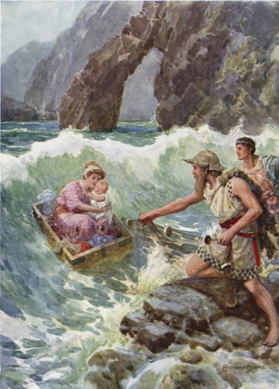 La trasse e il bambino al sicuro su una sporgenza di roccia. Da Come Perseo e sua madre arrivarono a Serifo da Howard Davie