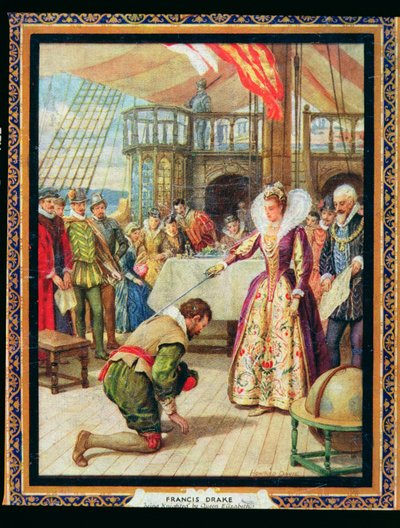 La regina Elisabetta I (1530-1603) nomina cavaliere Francis Drake (1540-96), illustrazione da 