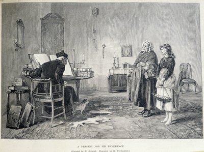 Due donne irlandesi portano un regalo a un religioso. Incisione di H. Werdmuller dopo il dipinto di H. Helmick nel XIX secolo. da Howard Helmick