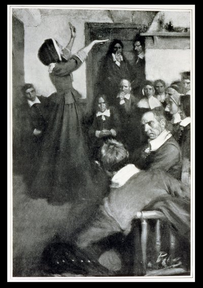 Anne Hutchinson che predica nella sua casa a Boston, 1637, illustrazione da 