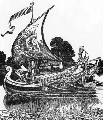 Leggenda Arturiana: La barca dei morti porta il corpo del re Artù Illustrazione di Howard Pyle (1853-1911) da 