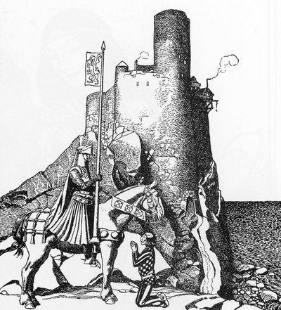 Leggenda Arturiana: Tristano arriva al castello di Nabon, illustrazione di Howard Pyle da 