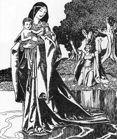 Leggenda Arturiana: la Dama del Lago rapisce il giovane Lancillotto, illustrazione di Howard Pyle da 