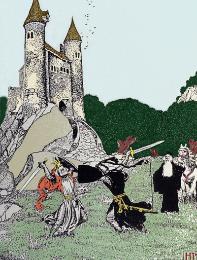 Battaglia tra Re Artù e il cavaliere nero alla presenza di Merlino l