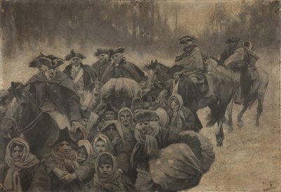 Cinque soldati in uniforme rossa a cavallo, con un altro incappucciato fino agli occhi... intorno a questi, un gruppo variegato di poveri, giovani e vecchi da Howard Pyle