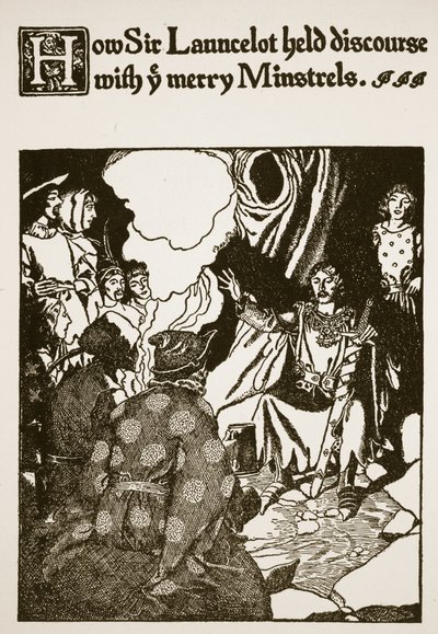 Come Sir Launcelot discusse con i Merry Minstrels, illustrazione da 