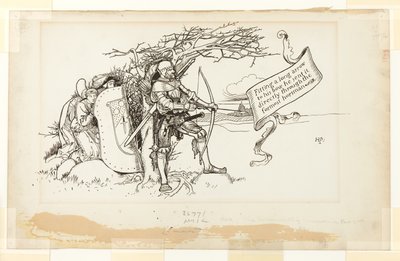 Illustrazione per The Accommodating Circumstance, II; Adattando una lunga freccia al suo arco, la inviò direttamente attraverso il cavaliere in testa da Howard Pyle