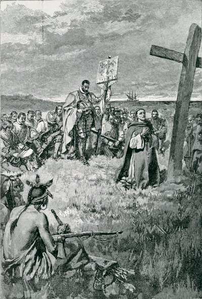 Jacques Cartier (1491-1557) che erige una croce a Gaspe, illustrazione da 