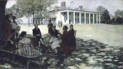 Martha e George Washington intrattengono i loro amici sul prato di Mount Vernon, 1898 da Howard Pyle