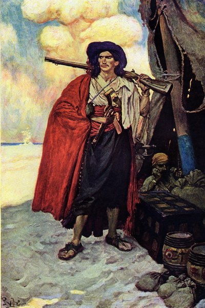 Ritratto di un pirata armato di fucile. Vicino a lui il tesoro e la tenda allestita sull