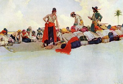 Divisione del tesoro tra i pirati riuniti in cerchio. Illustrazione da 
