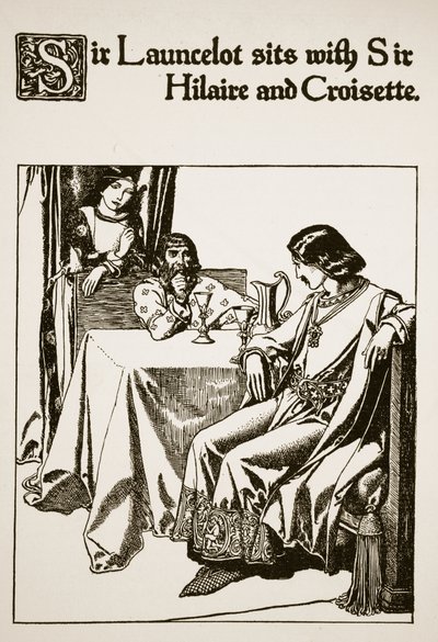 Sir Launcelot siede con Sir Hilaire e Croisette, illustrazione da 
