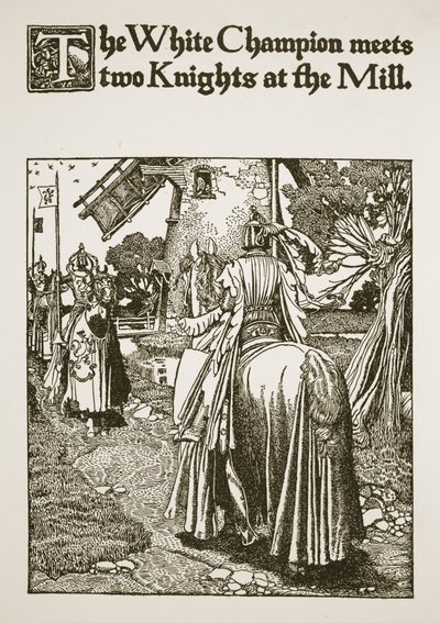 Il campione bianco incontra due cavalieri al mulino, illustrazione da 