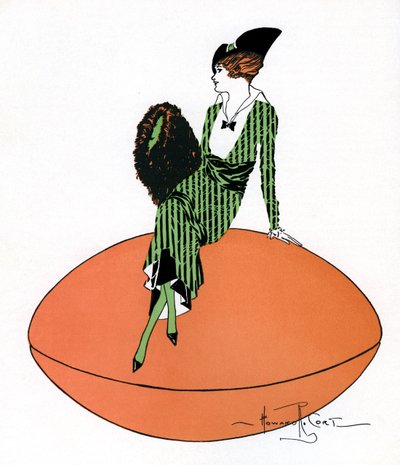 Illustrazione vintage di una flapper seduta su un pallone gigante da Howard R. Cort