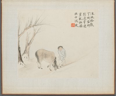 Album di dipinti paesaggistici che illustrano vecchie poesie: Un uomo e un cavallo vicino a un ruscello, 1700s da Hua Yan