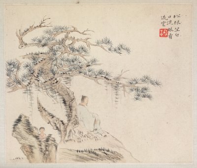 Album di Dipinti di Paesaggi che Illustrano Vecchie Poesie: Un Vecchio Siede sotto un Pino, un Ragazzo è dietro una Pietra da Hua Yan