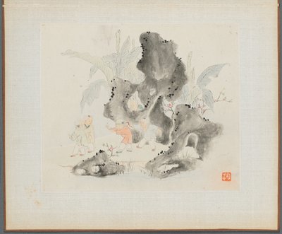 Album di dipinti paesaggistici che illustrano vecchie poesie: Bambini giocano in un boschetto roccioso da Hua Yan