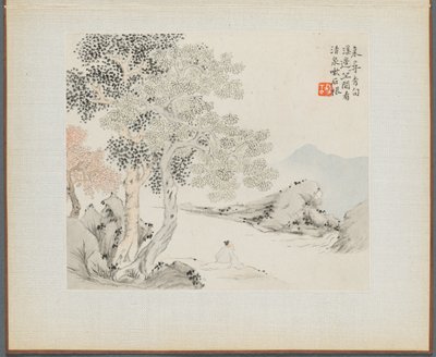 Album di dipinti paesaggistici che illustrano vecchie poesie: Tre grandi alberi, un ruscello..., 1700 da Hua Yan