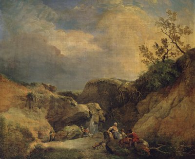 Paesaggio roccioso e boscoso con viaggiatori che conversano vicino a una cascata da Hubert (circle of) Robert