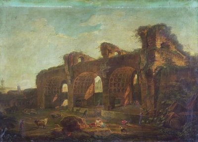 La Basilica di Massenzio nel Foro Romano con contadini e bestiame in primo piano da Hubert (circle of) Robert