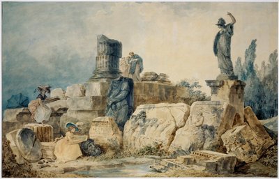 Due giovani donne disegnano le rovine di Roma, tre figure in abiti antichi le osservano dall