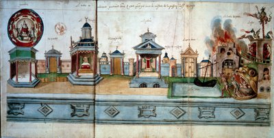 Frontespizio che illustra la passione e la resurrezione di Gesù Cristo. Da sinistra a destra: Paradiso (con una stanza vuota), la porta di Nazareth, il tempio, la porta di Gerusalemme, il palazzo (con la casa degli enigmi), la porta Dorata, il limbo dei pa da Hubert Cailleau