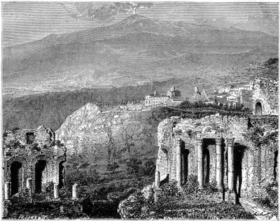 Monte Etna e una vista di Taormina, Sicilia, Italia, XIX secolo da Hubert Clerget