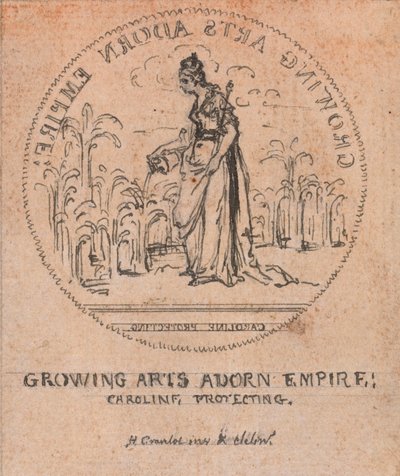 Design per una medaglia: Growing Arts Adorn Empire, Caroline Protecting da Hubert Francois Gravelot