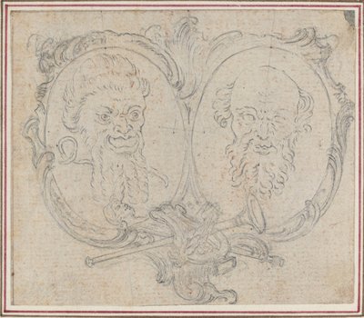 Doppio Cartiglio con Due Teste e Simboli di Fama e Follia da Hubert Francois Gravelot