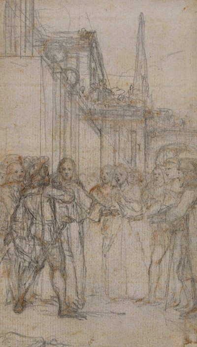 Illustrazione letteraria: Uomo con spada che affronta un gruppo di figure davanti a un edificio da Hubert Francois Gravelot