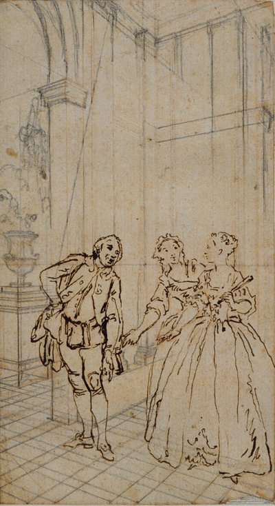 Illustrazione letteraria con gentiluomo e due signore in interni da Hubert Francois Gravelot