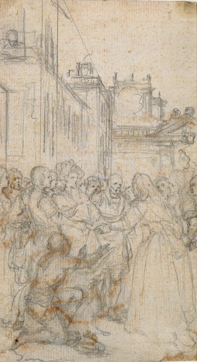 Illustrazione Letteraria con Gruppo di Figure che Implorano un Uomo da Hubert Francois Gravelot