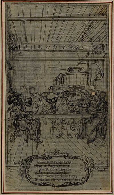 Studio per vignetta-frontespizio de "La Partie de Chasse de Henri IV" di Colle, atto III, Vive Henry Quatre! da Hubert Francois Gravelot
