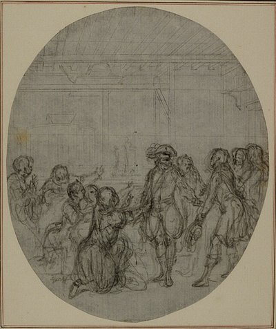 Studio per una seconda edizione, mai pubblicata, de "La Partie de Chasse de Henri IV" di Colle, Atto III, Scena 13 da Hubert Francois Gravelot