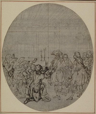 Studio per una seconda edizione, mai pubblicata, de "La Partie de Chasse de Henri IV" di Colle, Atto III, Scena 13 da Hubert Francois Gravelot