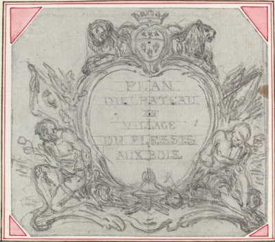 Cartiglio del titolo per una mappa del castello e del villaggio di Le Plessis aux Bois da Hubert Francois Gravelot