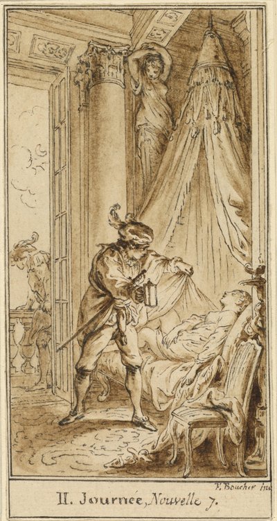 Secondo Giorno, Settima Storia: Il Duca di Atene Contempla la Principessa Alatiel Addormentata da Hubert François Gravelot after François Boucher