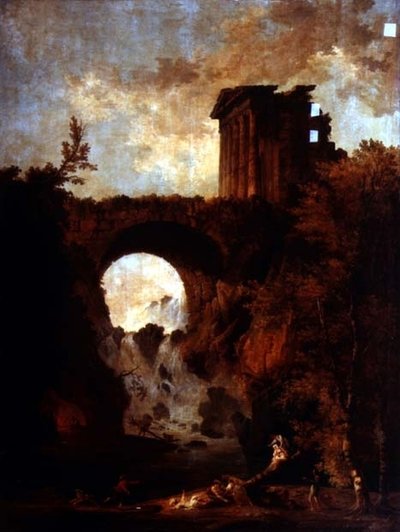 Un capriccio di un tempio in rovina vicino a un ponte su una cascata con una festa sull