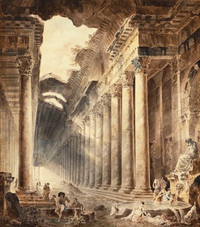 Un edificio termale colonnato, il tetto parzialmente aperto al cielo, con ragazze che lavano i vestiti a una fontana sotto una statua da Hubert Robert